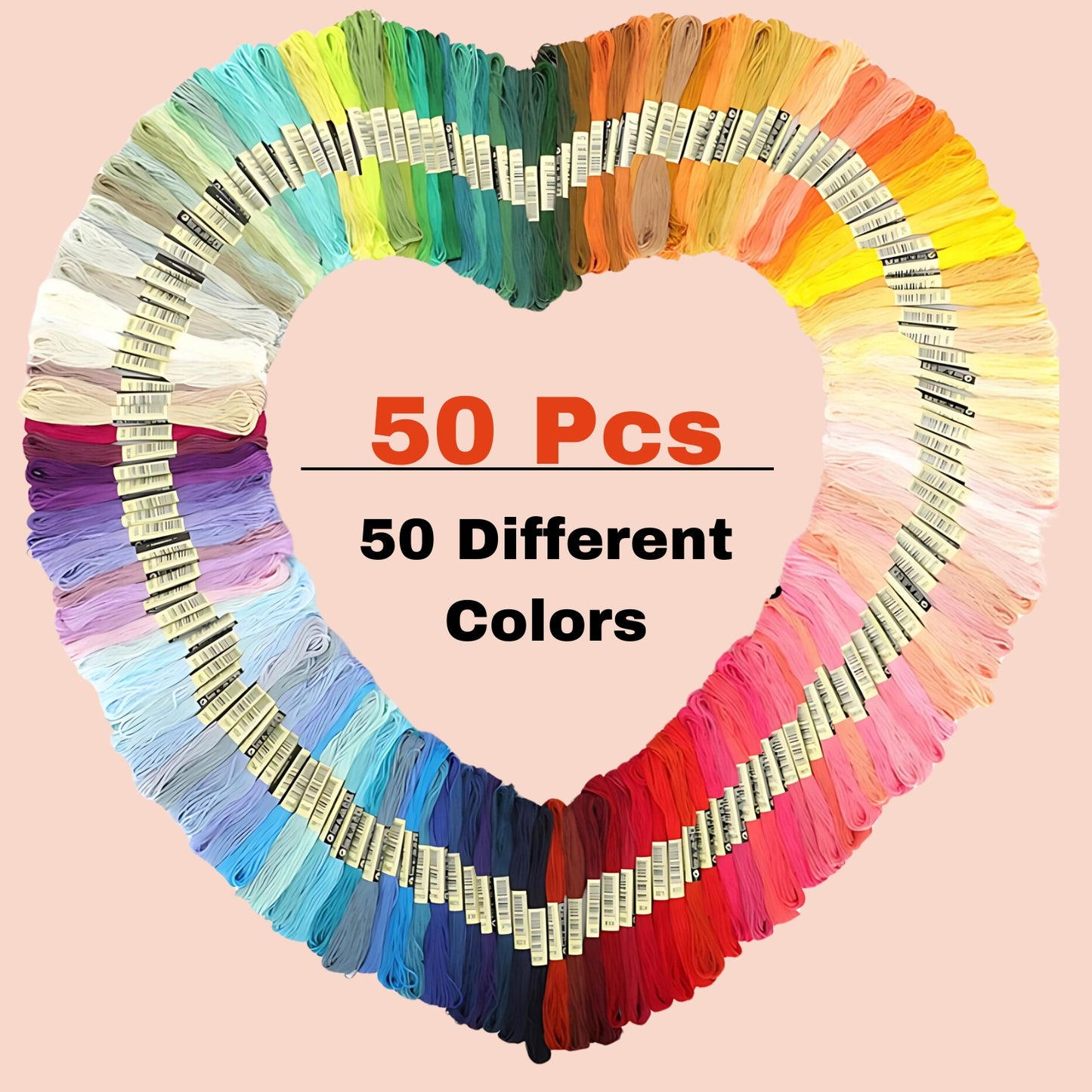 50-skein pack option: 50 different colors of embroidery floss arranged in a heart