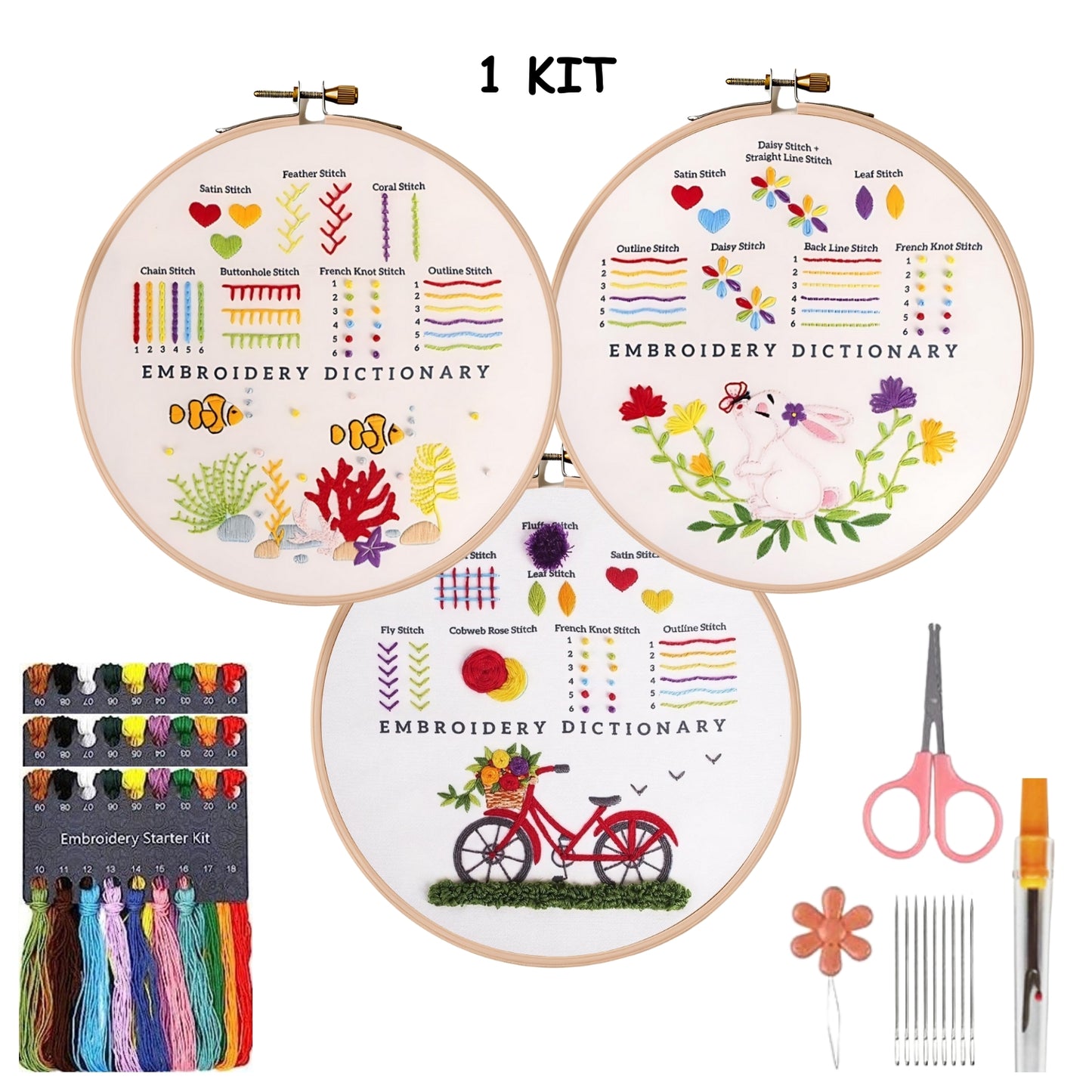 3 Pieces Set Beginner Embroidery Rabbit Bicycle Seagrass Kit