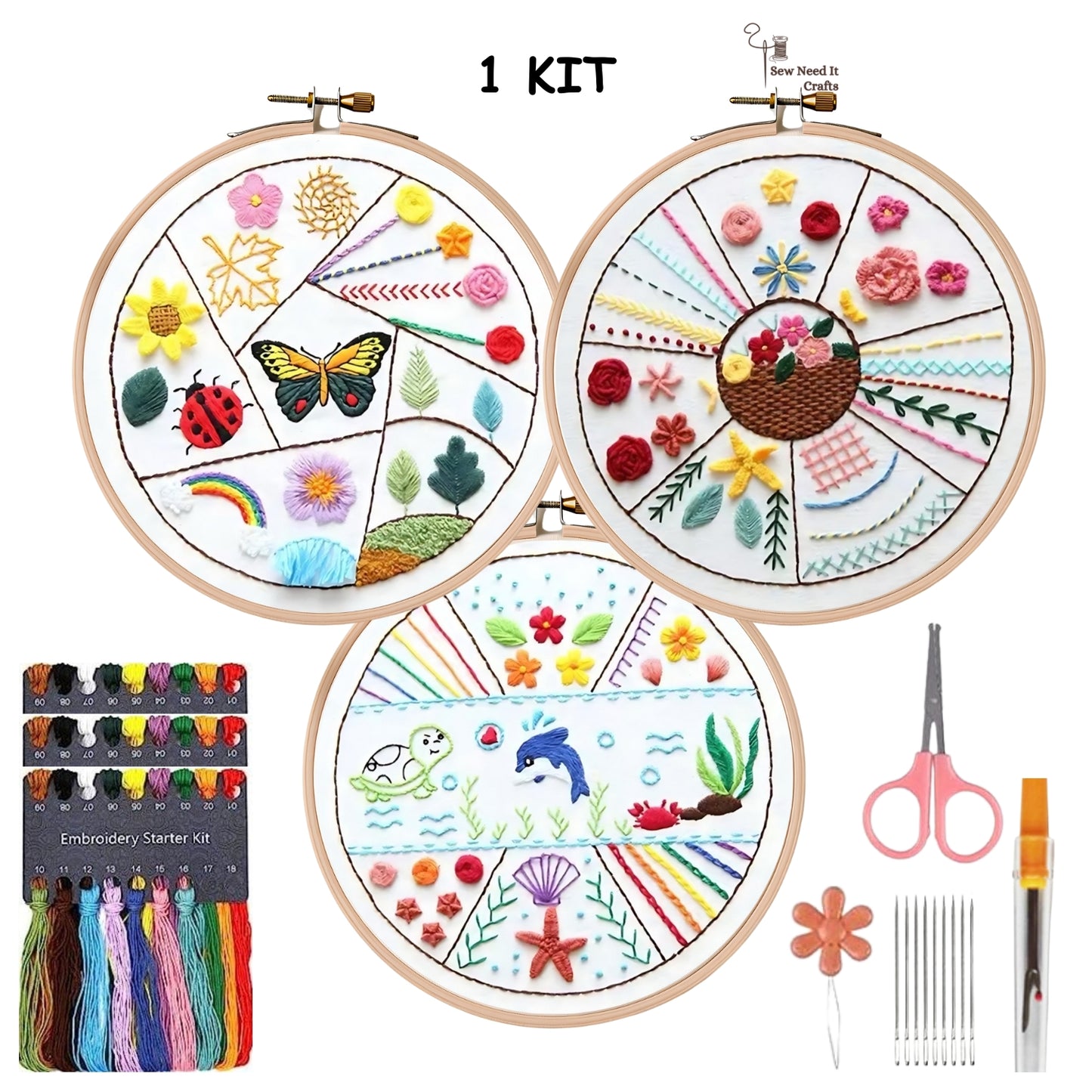 3 Pieces Set Beginner Embroidery Floral Butterfly Dolphin Kit
