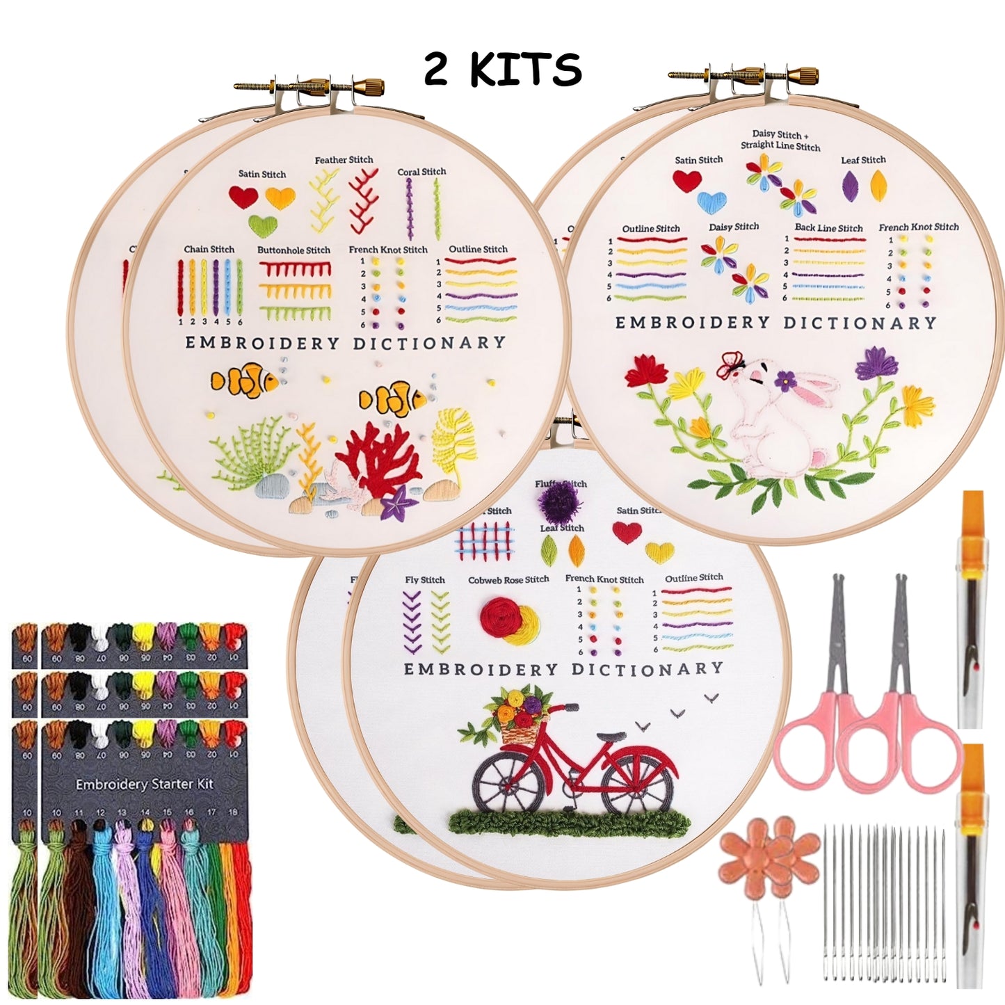 3 Pieces Set Beginner Embroidery Rabbit Bicycle Seagrass Kit