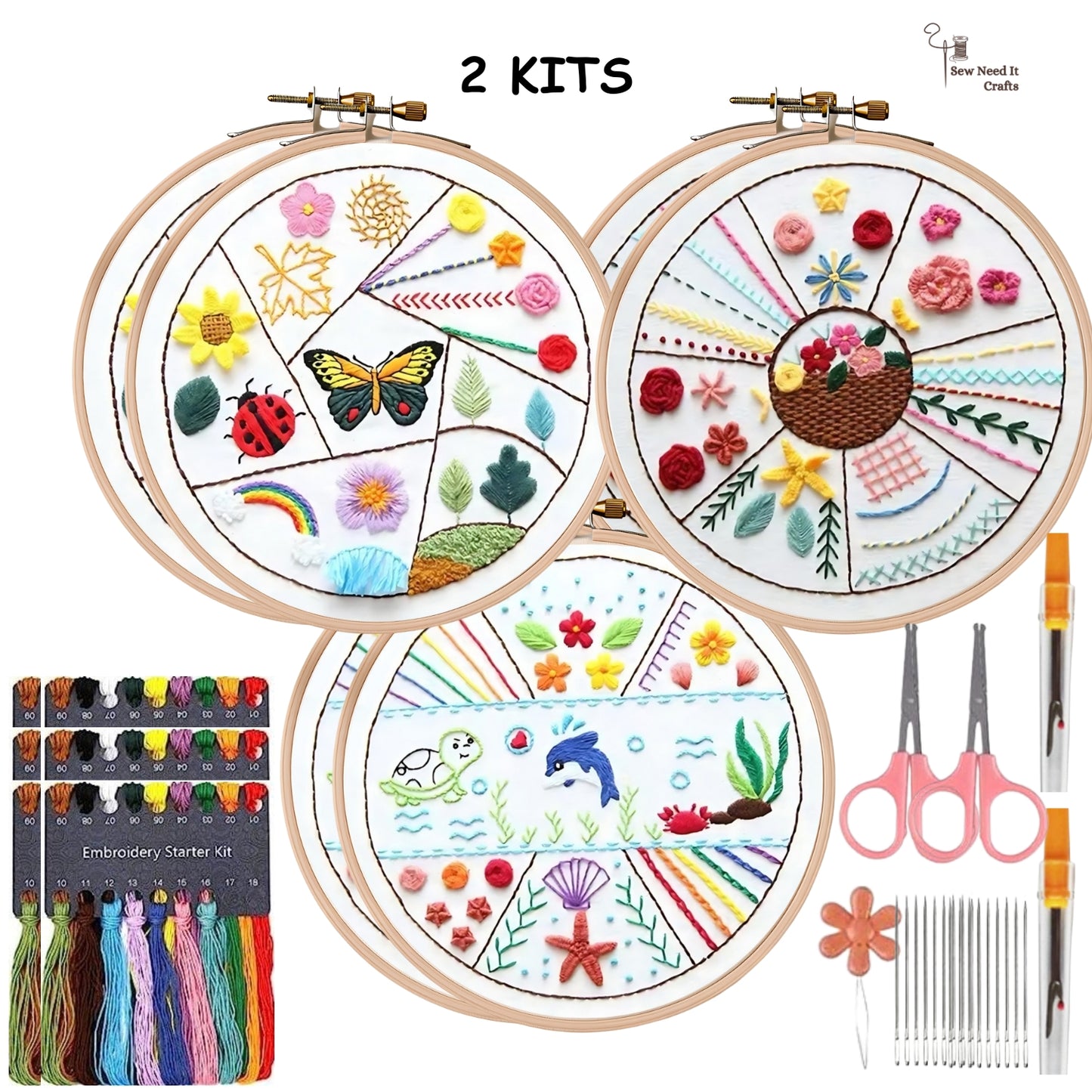 3 Pieces Set Beginner Embroidery Floral Butterfly Dolphin Kit