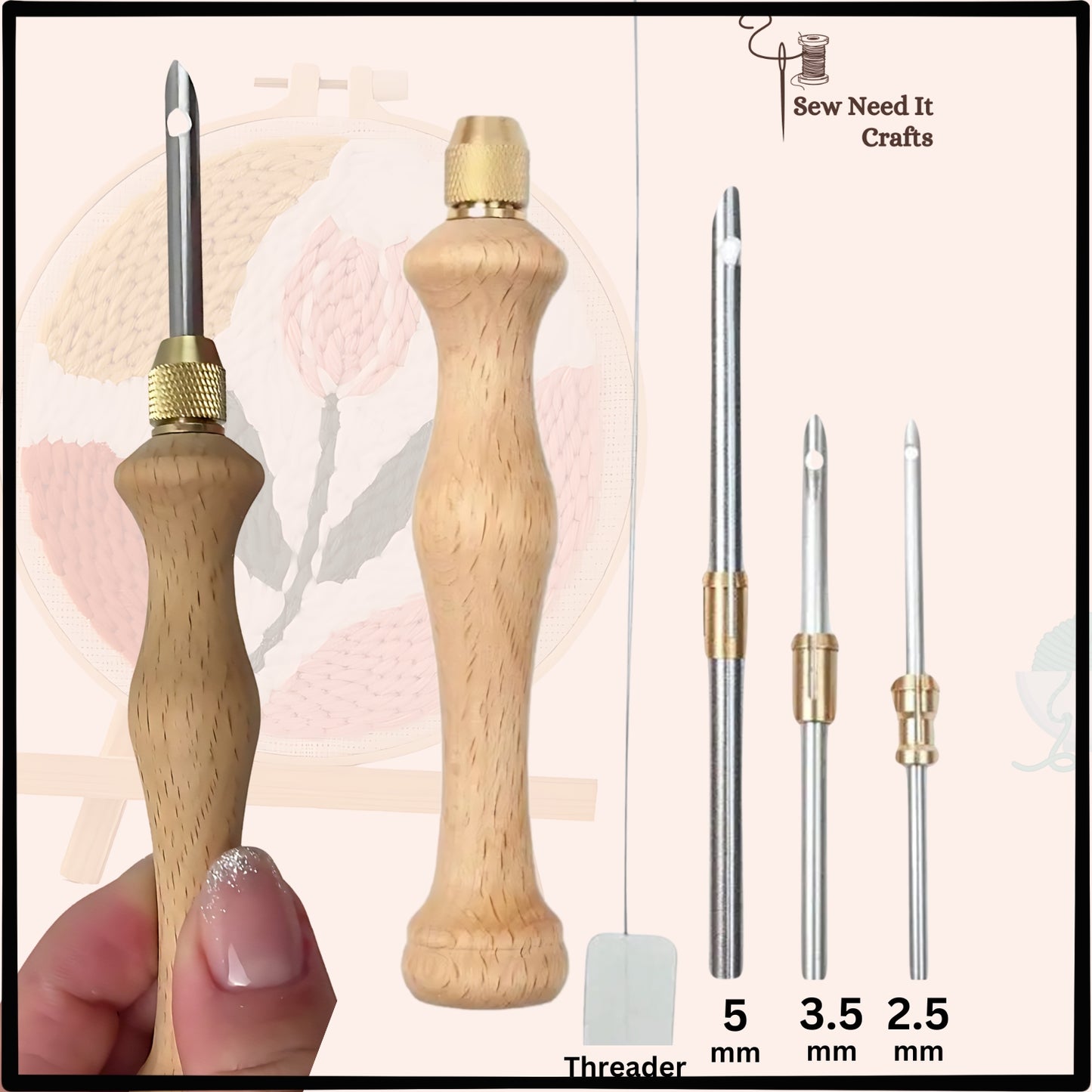 Adjustable Punch Needle Set with Long Threader – 2.5mm, 3.5mm, 5mm Needles