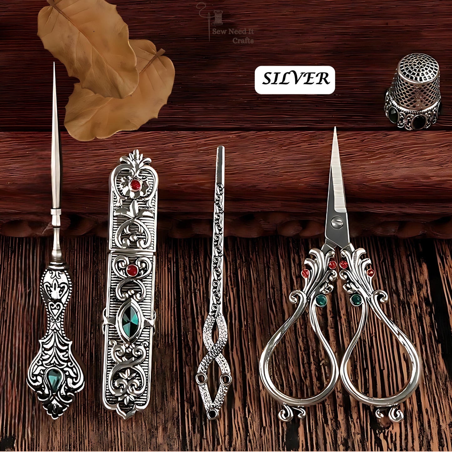 Elegant Metal Engraved Antique, Retro & Vintage Style Complete Sewing Set With Box