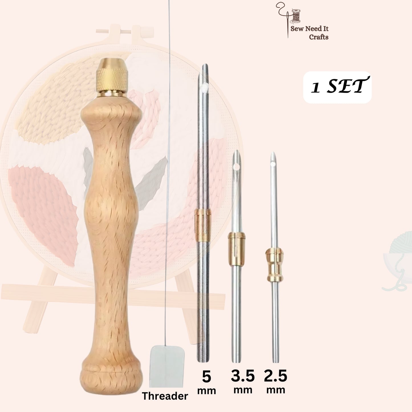 Adjustable Punch Needle Tool Set, Sizes 2.5mm 3.5mm 5mm Needles with Long Threader