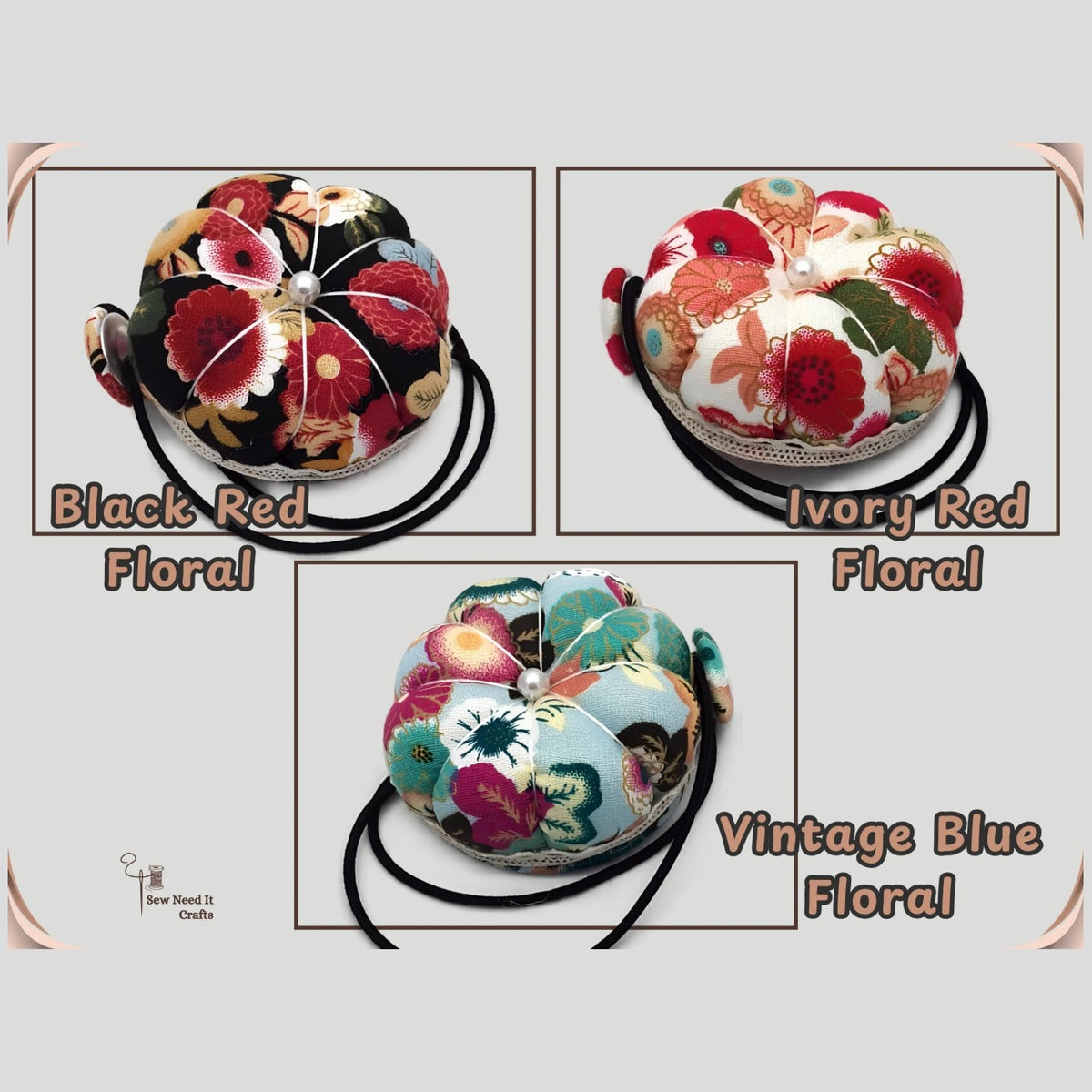 Set of three floral pumpkin wrist pin cushions in Black Red, Ivory Red and Vintage Blue Floral designs