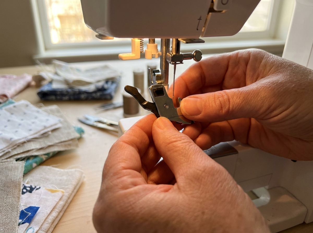 Hands attaching snap-on presser foot to Pfaff sewing machine