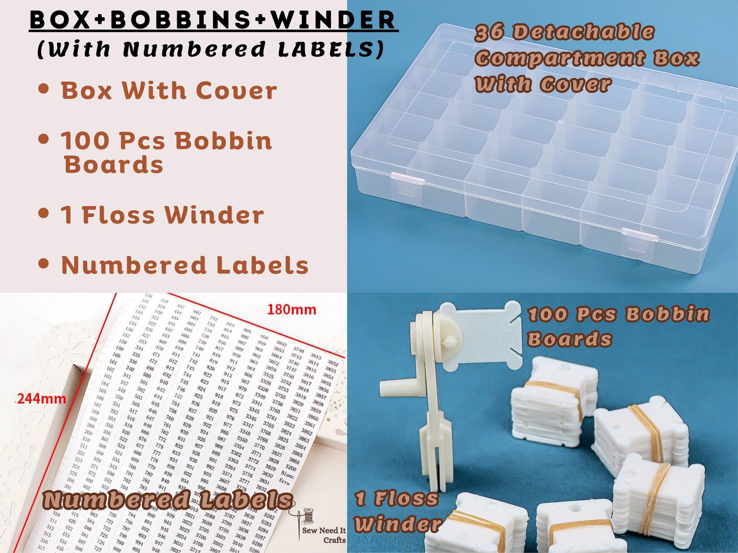 Complete Embroidery Floss Organizer Set with Adjustable Grid Floss Bobbin Storage Box, 100 Bobbins, Floss Winder & Label Stickers, Bead Box