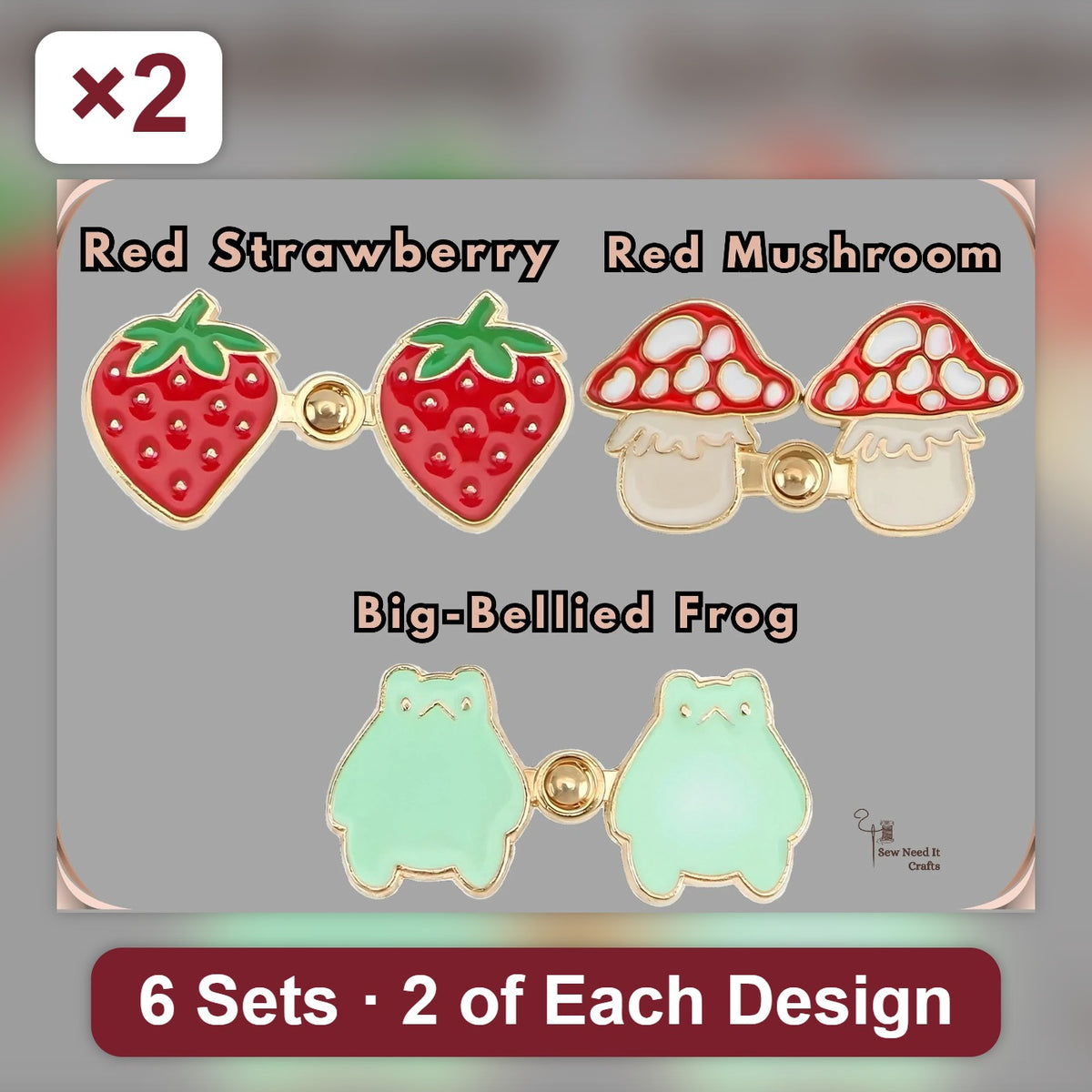 Six sets of no-sew waist tightener pins, two of each design: red strawberry, red mushroom and big-bellied frog
