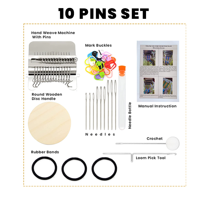 Darning loom 10 pin kit contents labelled: hand weave machine with pins, round wooden disc handle, coloured mark buckles, needles, needle bottle, rubber bands, crochet hook, loom pick tool and printed manual