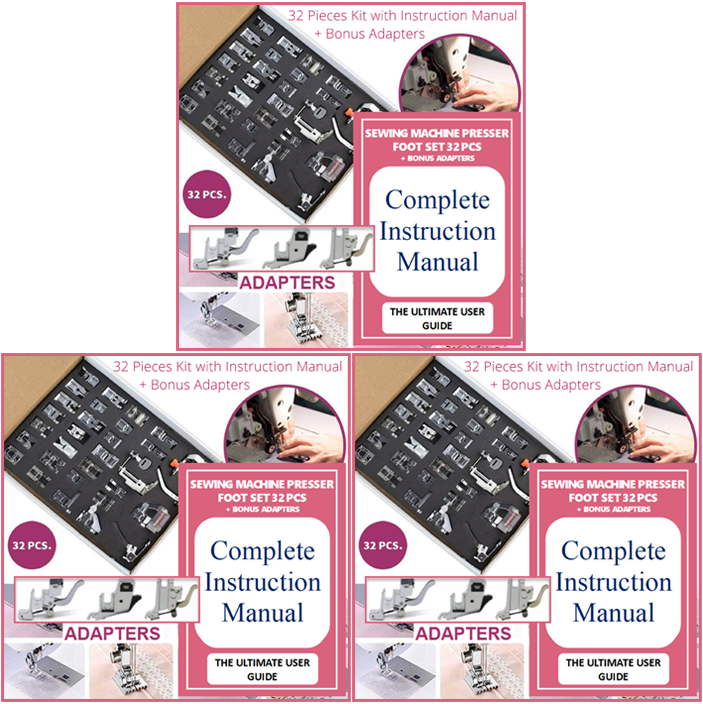 Three sets of the 32 piece presser foot kit, each with its instruction manual