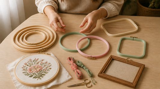 Hands hovering over a craft table spread with embroidery hoops of every kind — nested beech hardwood rings, coloured plastic rounds, a square and a rectangular plastic hoop, and a finished floral embroidery