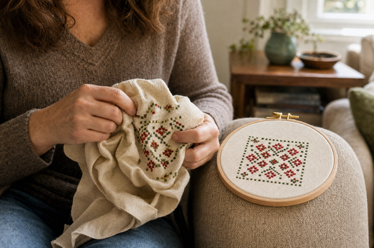 A cross stitcher holding a piece of cream aida rumpled and bunched in her bare hands, beside a beech embroidery hoop on the chair arm holding the same red and green cross stitch motif stretched flat and drum-tight