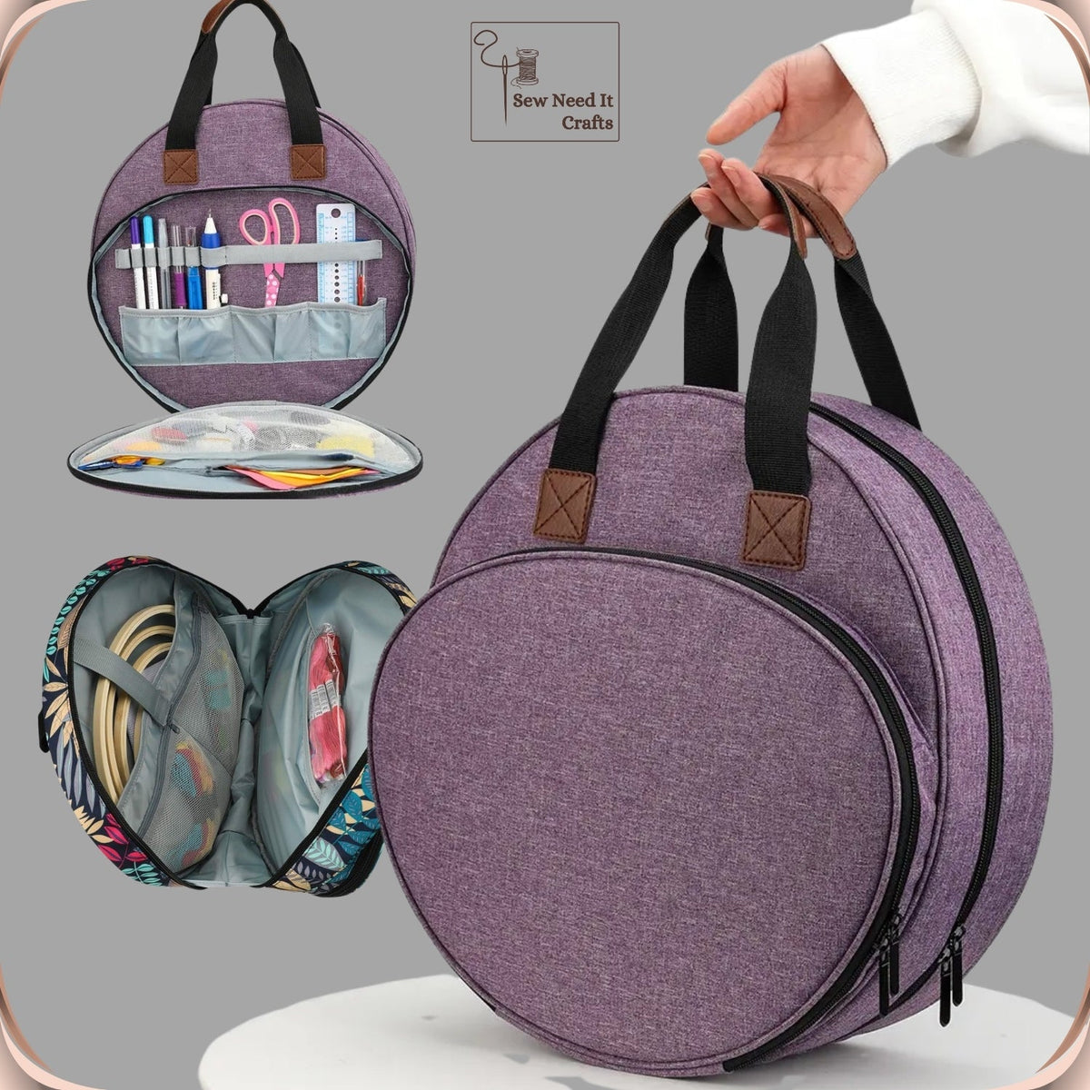Embroidery and craft supplies organizer bag holding threads and tools