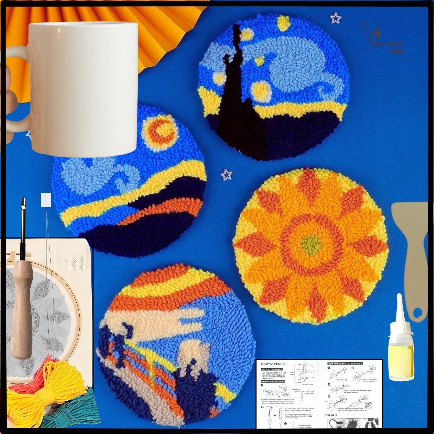 DIY sunflower punch needle coaster set