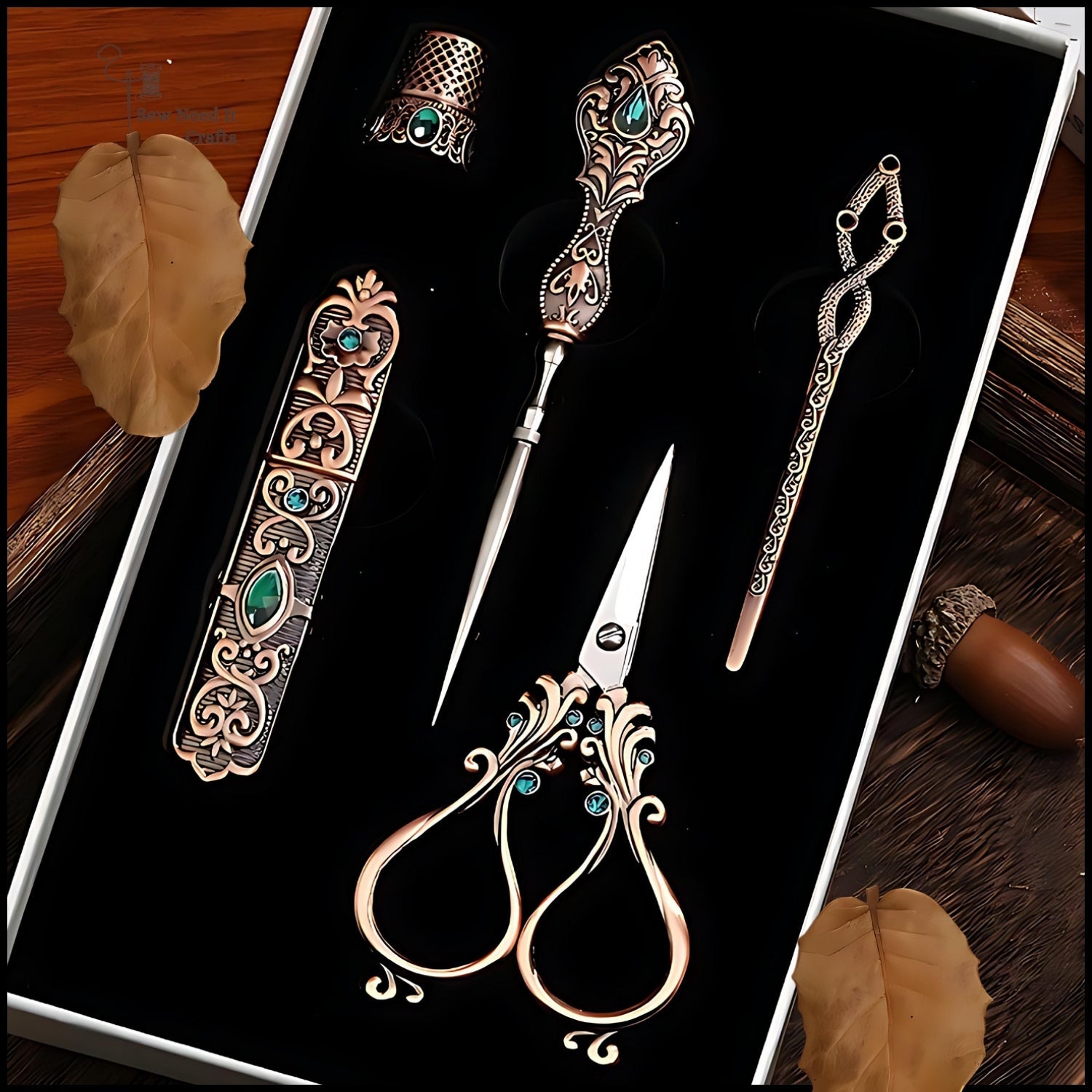 Engraved vintage-style five-piece sewing gift set in a box