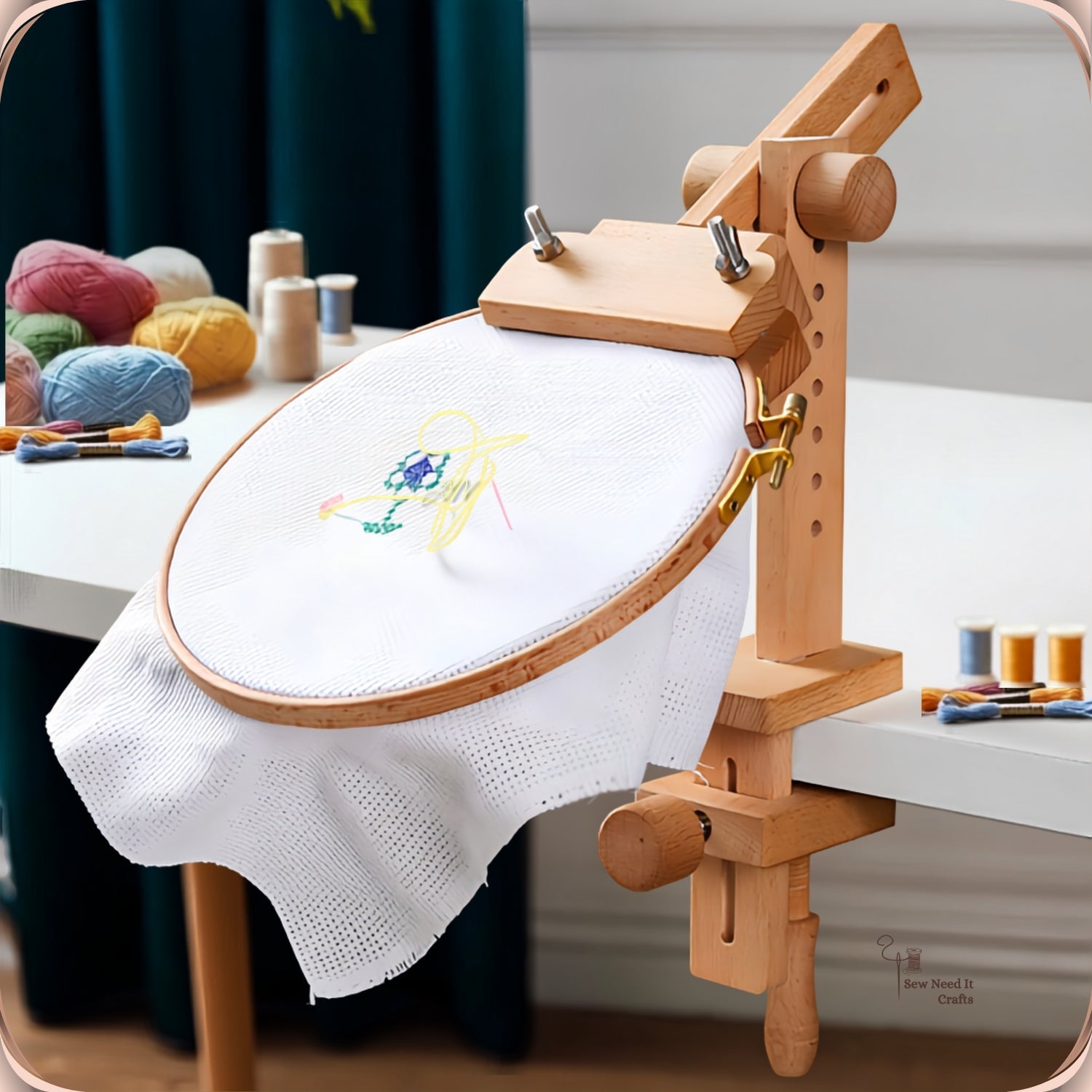 Beechwood clamp-on embroidery hoop stand for hands-free stitching