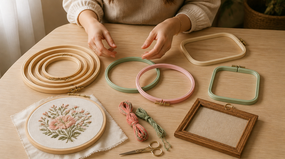Beech hardwood, coloured plastic, square, rectangular and wood-grain embroidery hoops laid out together on a craft table with a finished floral embroidery