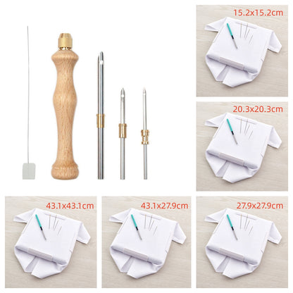Set of all five snap embroidery frames, 6 x 6, 8 x 8, 11 x 11, 17 x 11 and 17 x 17 inch, labelled with sizes in cm, with wooden-handle punch needle with three interchangeable tips and threader