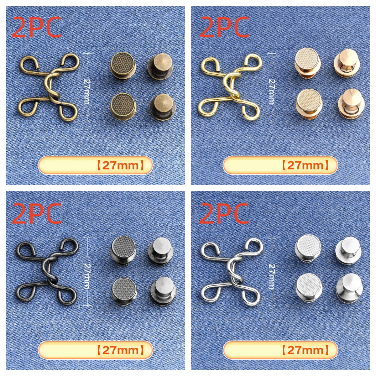 Four-panel grid of golden, silver, bronze and gunmetal hook-and-eye waistband adjusters on denim, each marked 2PC for eight sets, medium 27 mm