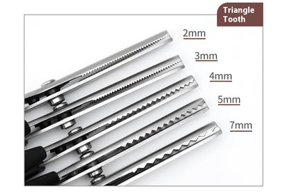 Triangle tooth blade chart showing zigzag pinking blades at 2 mm, 3 mm, 4 mm, 5 mm and 7 mm tooth pitch, the five shears in this set