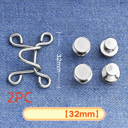 Silver hook-and-eye waistband adjuster on denim marked 2PC for two sets, large 32 mm