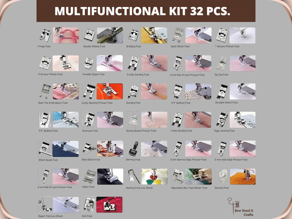 Chart of all 32 presser feet in the kit, each pictured beside a sample of the stitching it does