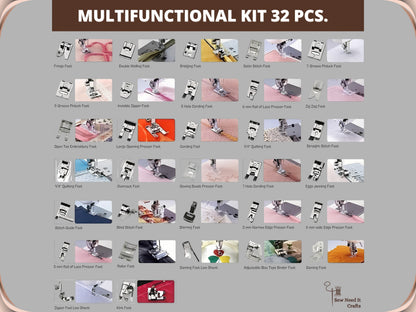 Chart of all 32 presser feet in the kit, each pictured beside a sample of the stitching it does