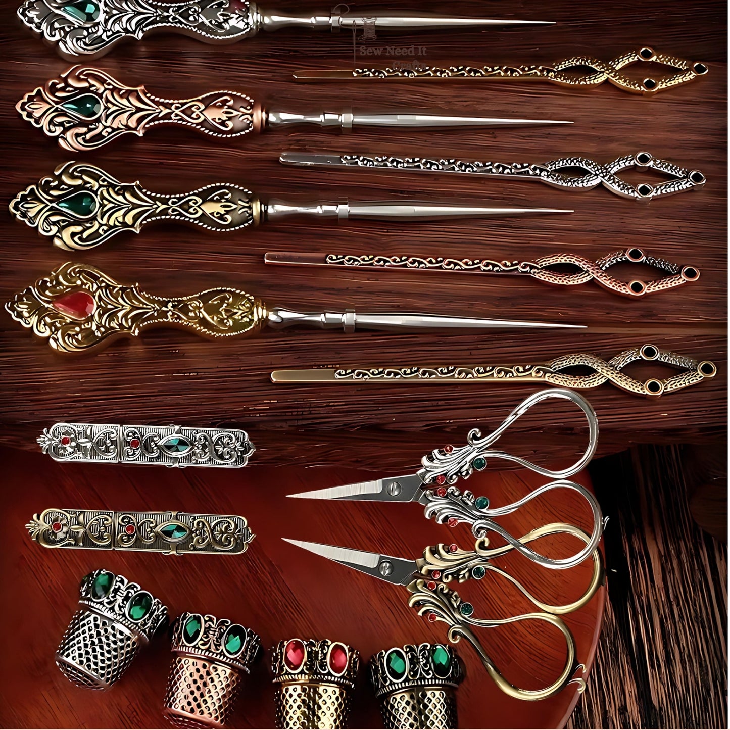 Elegant Metal Engraved Antique, Retro & Vintage Style Complete Sewing Set With Box