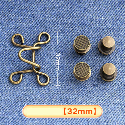 Bronze hook-and-eye waistband adjuster set on denim with four button caps, large 32 mm
