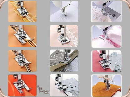 Twelve close-up photos of presser feet from the kit sewing cording, lace, piping, gathers, hems and free-motion quilting