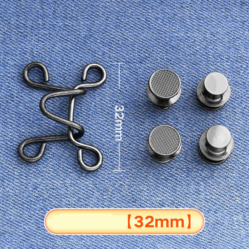 Gunmetal hook-and-eye waistband adjuster set on denim with four button caps, large 32 mm