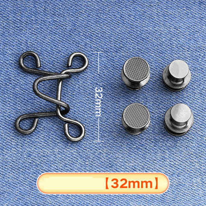 Gunmetal hook-and-eye waistband adjuster set on denim with four button caps, large 32 mm