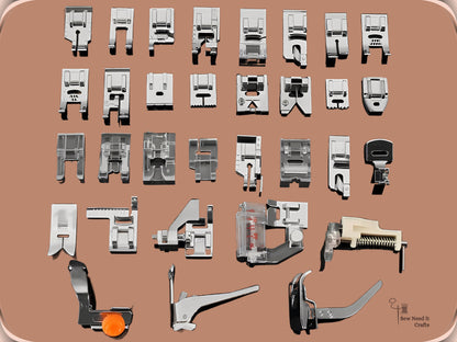 All 32 presser feet from the kit laid out, including the bias binder, darning foot and adjustable zipper foot