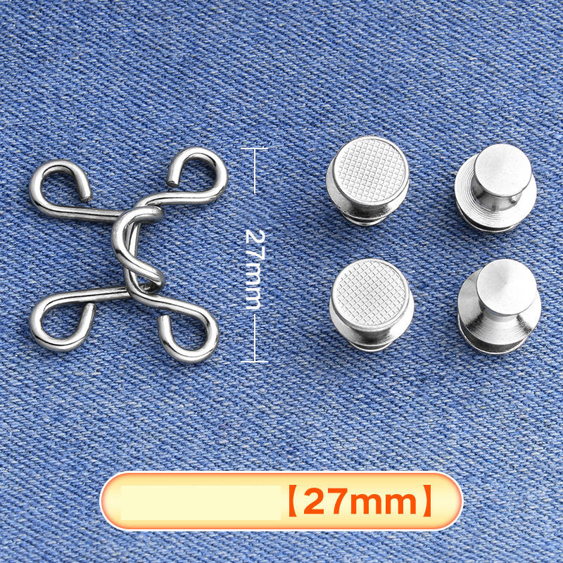 Silver hook-and-eye waistband adjuster set on denim with four button caps, medium 27 mm
