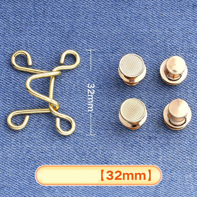 Golden hook-and-eye waistband adjuster set on denim with four button caps, large 32 mm