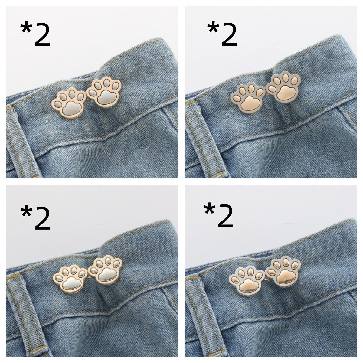 Eight sets of paw waist adjusters, two of each colour, shown on denim waistbands