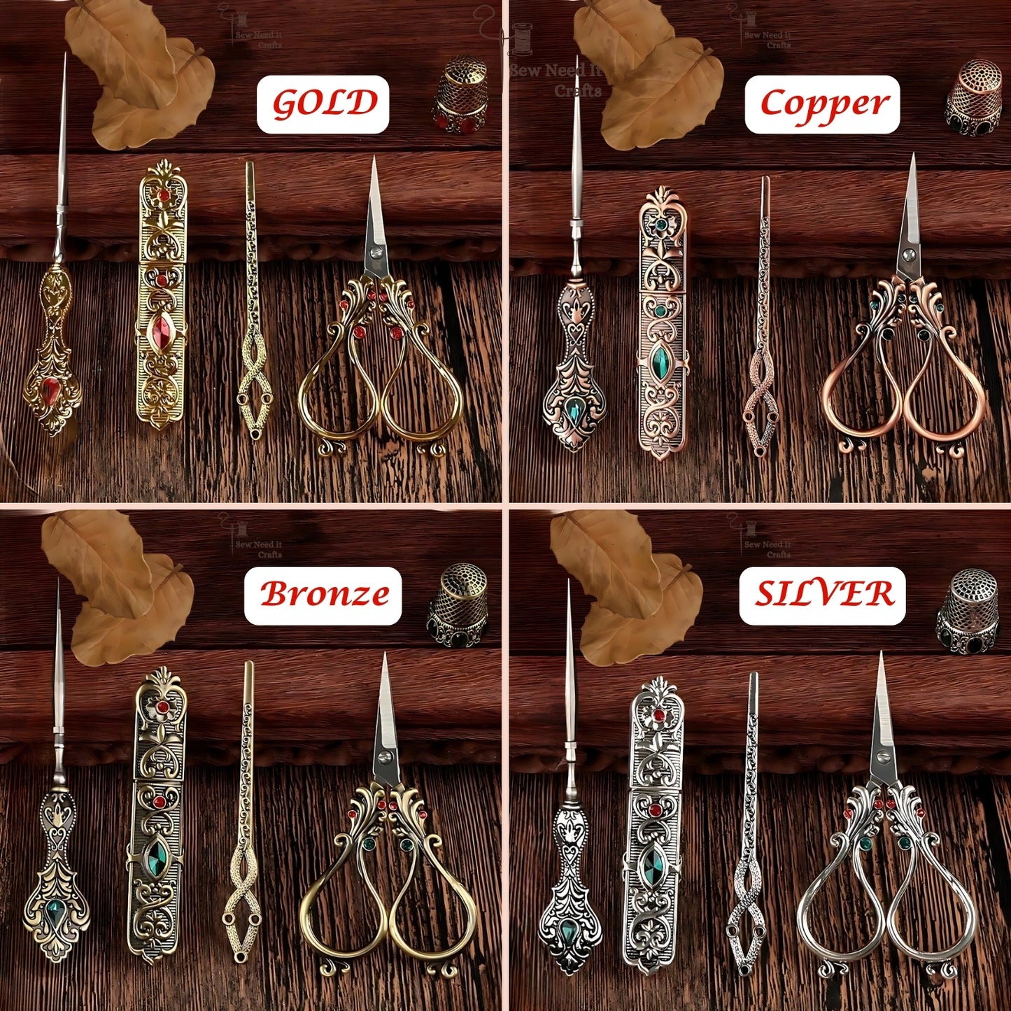 Elegant Metal Engraved Antique, Retro & Vintage Style Complete Sewing Set With Box