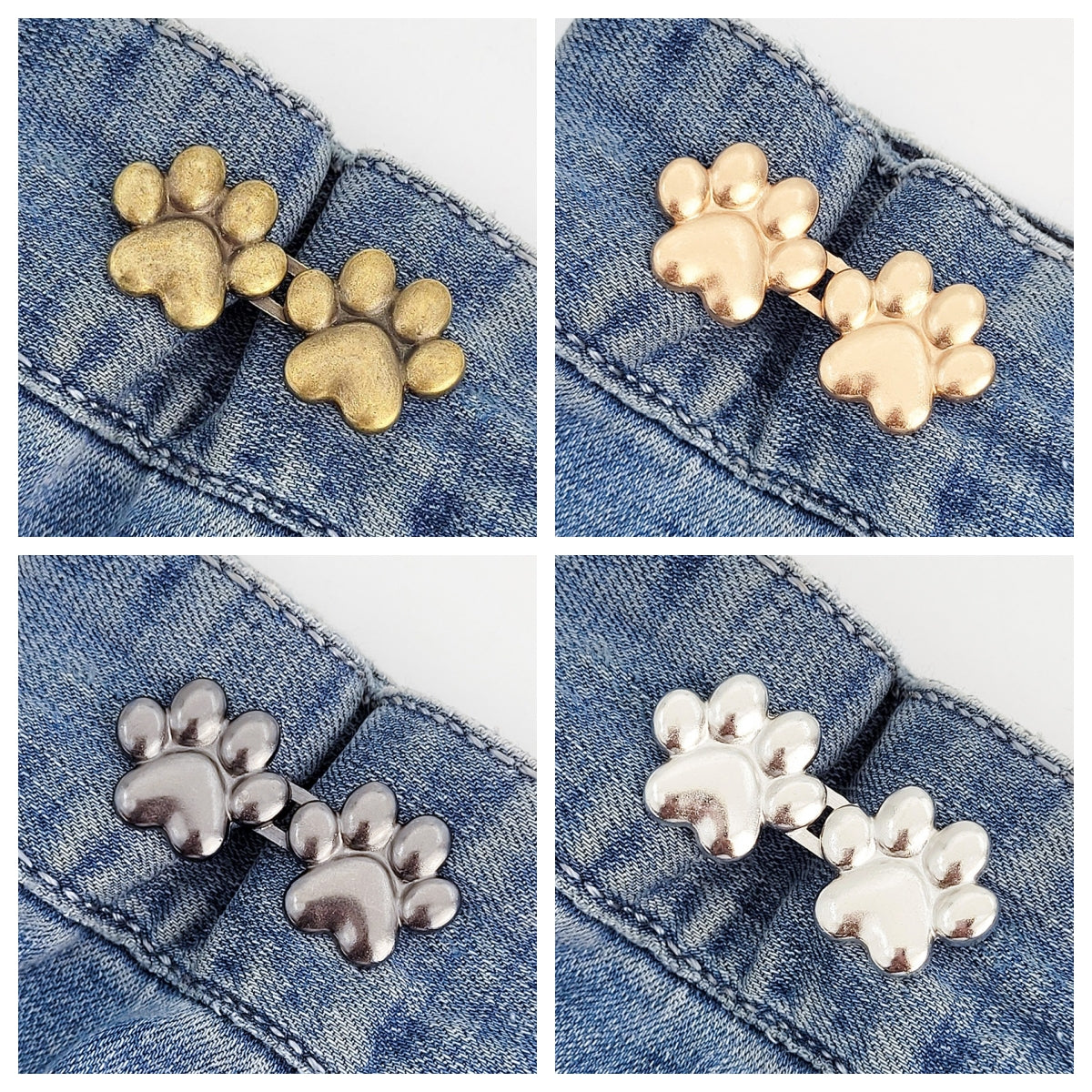 Four sets of dog paw waist tightener buttons, one each in bronze, golden, gunmetal and silver