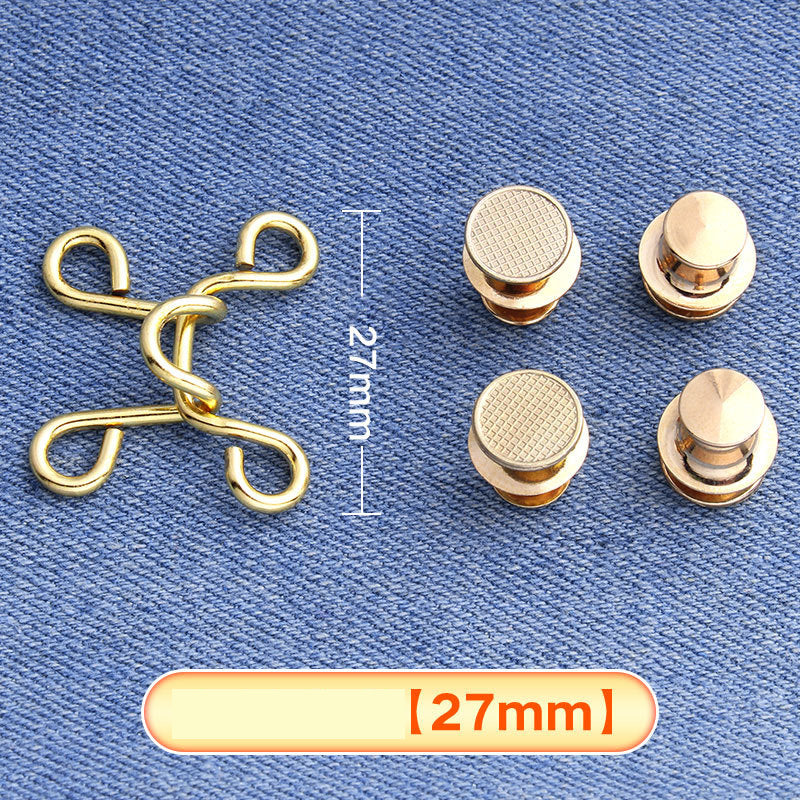 Golden hook-and-eye waistband adjuster set on denim with four button caps, medium 27 mm