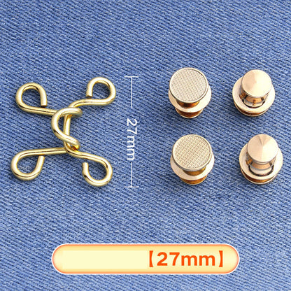 Golden hook-and-eye waistband adjuster set on denim with four button caps, medium 27 mm
