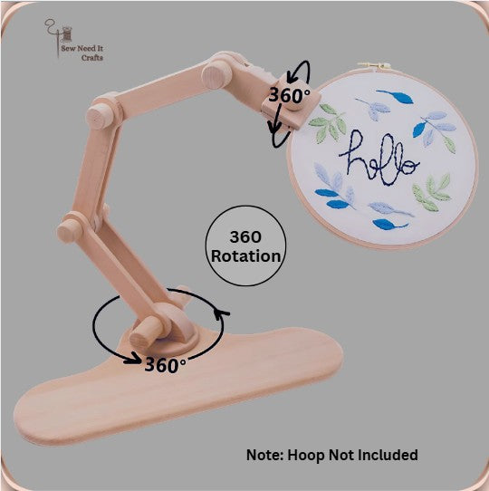 Diagram of the embroidery hoop stand showing 360 degree rotation at the hoop clamp and at the base, with a note that the hoop is not included