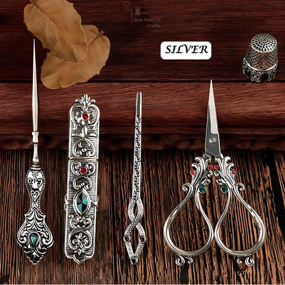 Elegant Metal Engraved Antique, Retro & Vintage Style Complete Sewing Set With Box