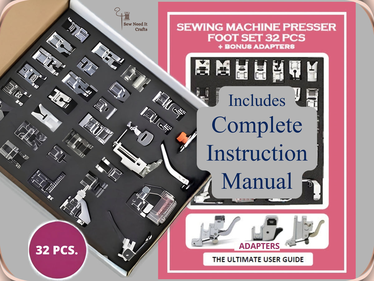 32 piece sewing machine presser foot kit in its box beside the Complete Instruction Manual, with the three bonus adapters shown on the manual cover