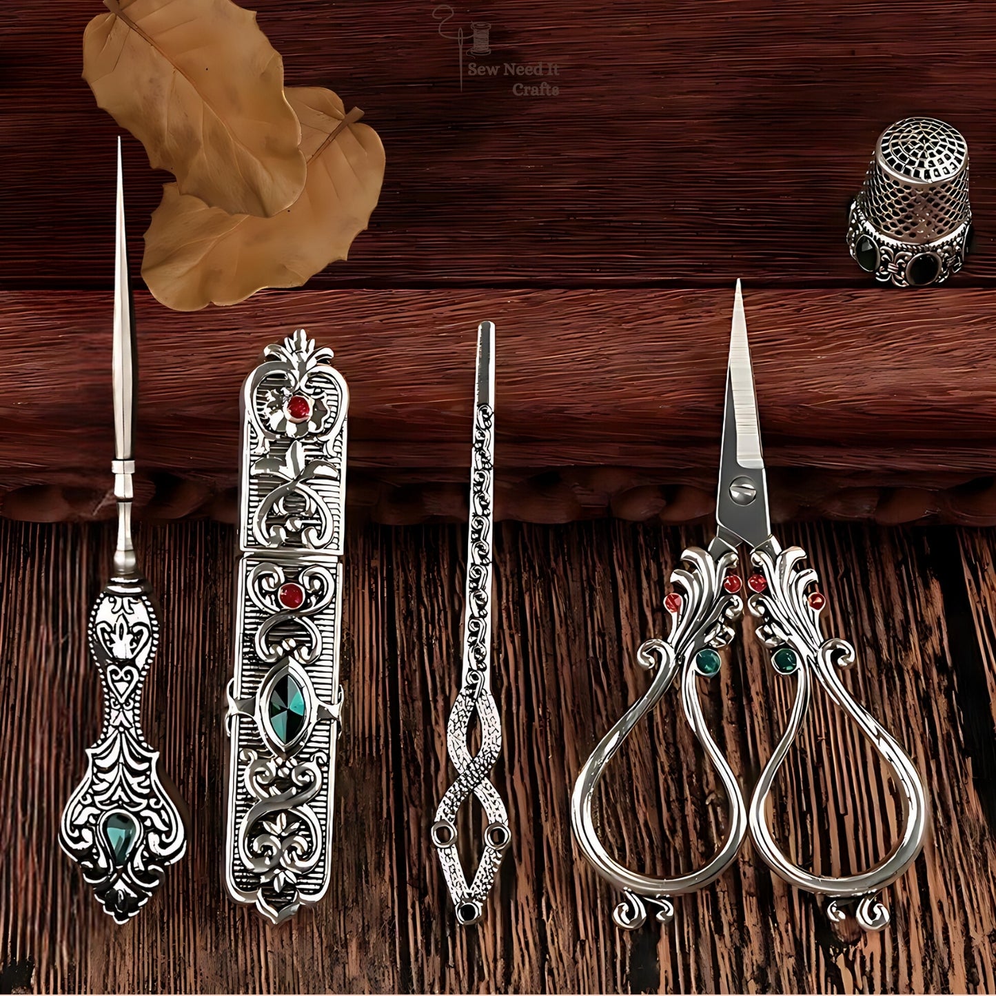 Elegant Metal Engraved Antique, Retro & Vintage Style Complete Sewing Set With Box