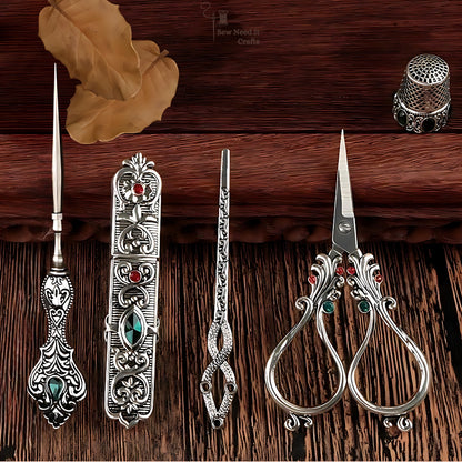 Elegant Metal Engraved Antique, Retro & Vintage Style Complete Sewing Set With Box