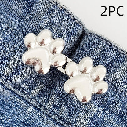 Two sets of silver dog paw waist tightener buttons, one pair shown on a denim waistband, labelled 2PC
