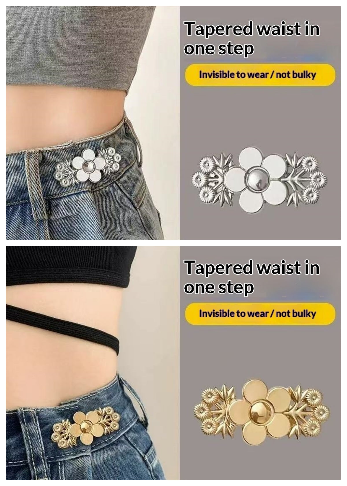 Golden and silver flower no-sew jean waist adjuster clips, two sets, one of each colour