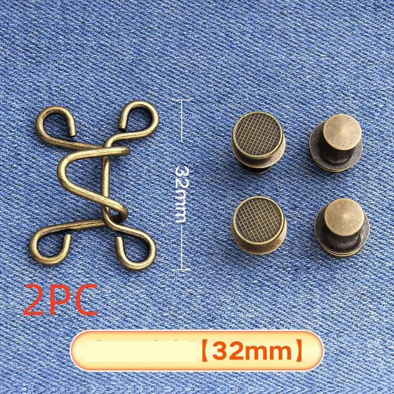 Bronze hook-and-eye waistband adjuster on denim marked 2PC for two sets, large 32 mm