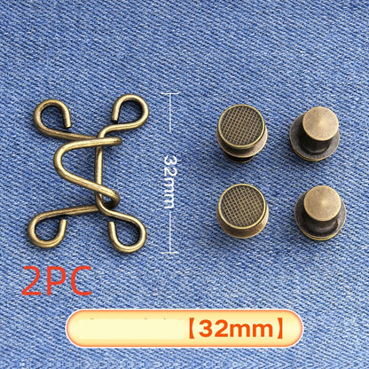 Bronze hook-and-eye waistband adjuster on denim marked 2PC for two sets, large 32 mm