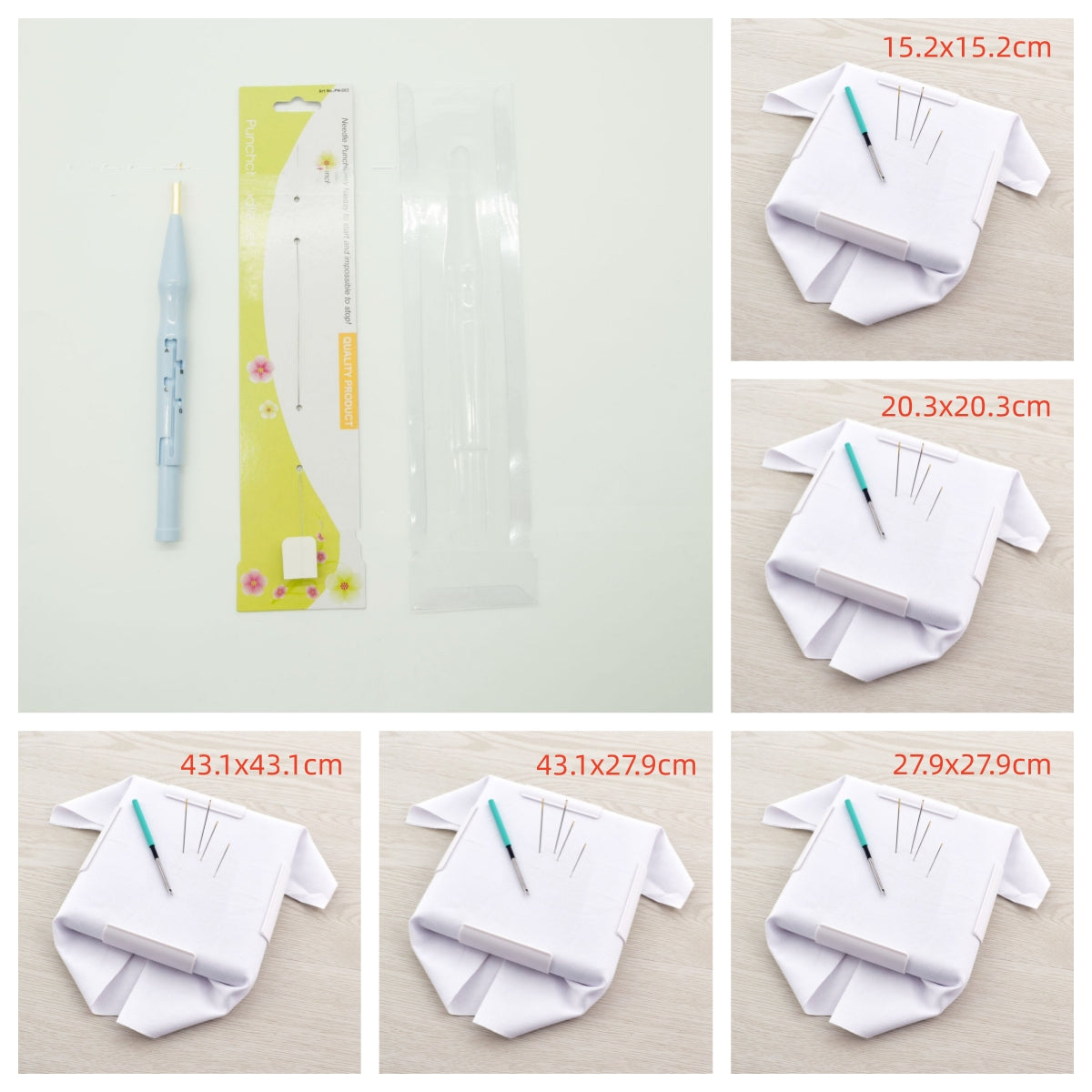 Set of all five snap embroidery frames, 6 x 6, 8 x 8, 11 x 11, 17 x 11 and 17 x 17 inch, labelled with sizes in cm, with blue adjustable punch needle kit
